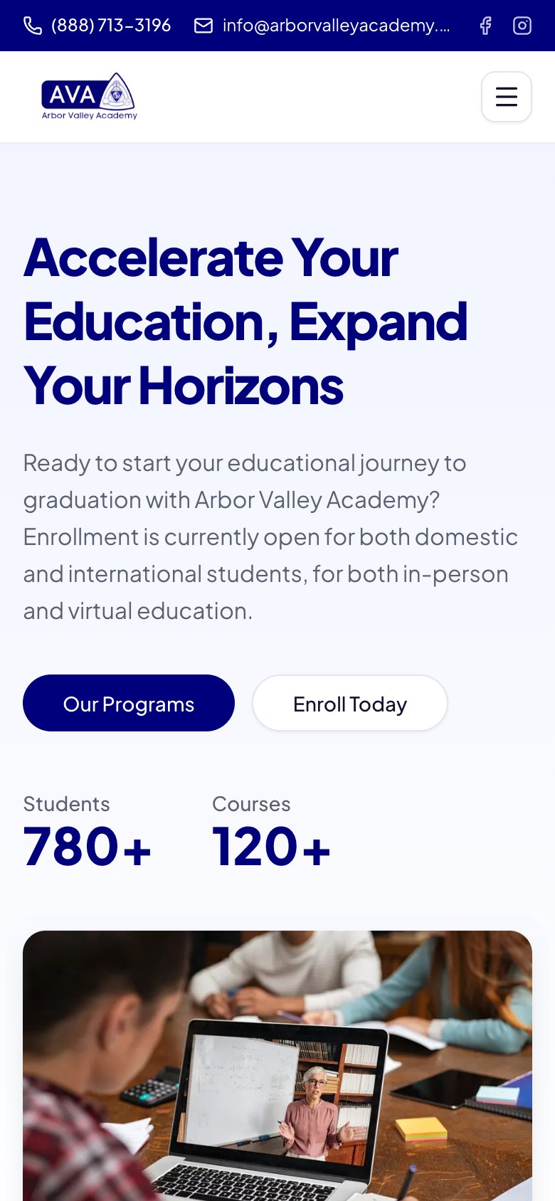 Arbor Valley Academy mobile website preview
