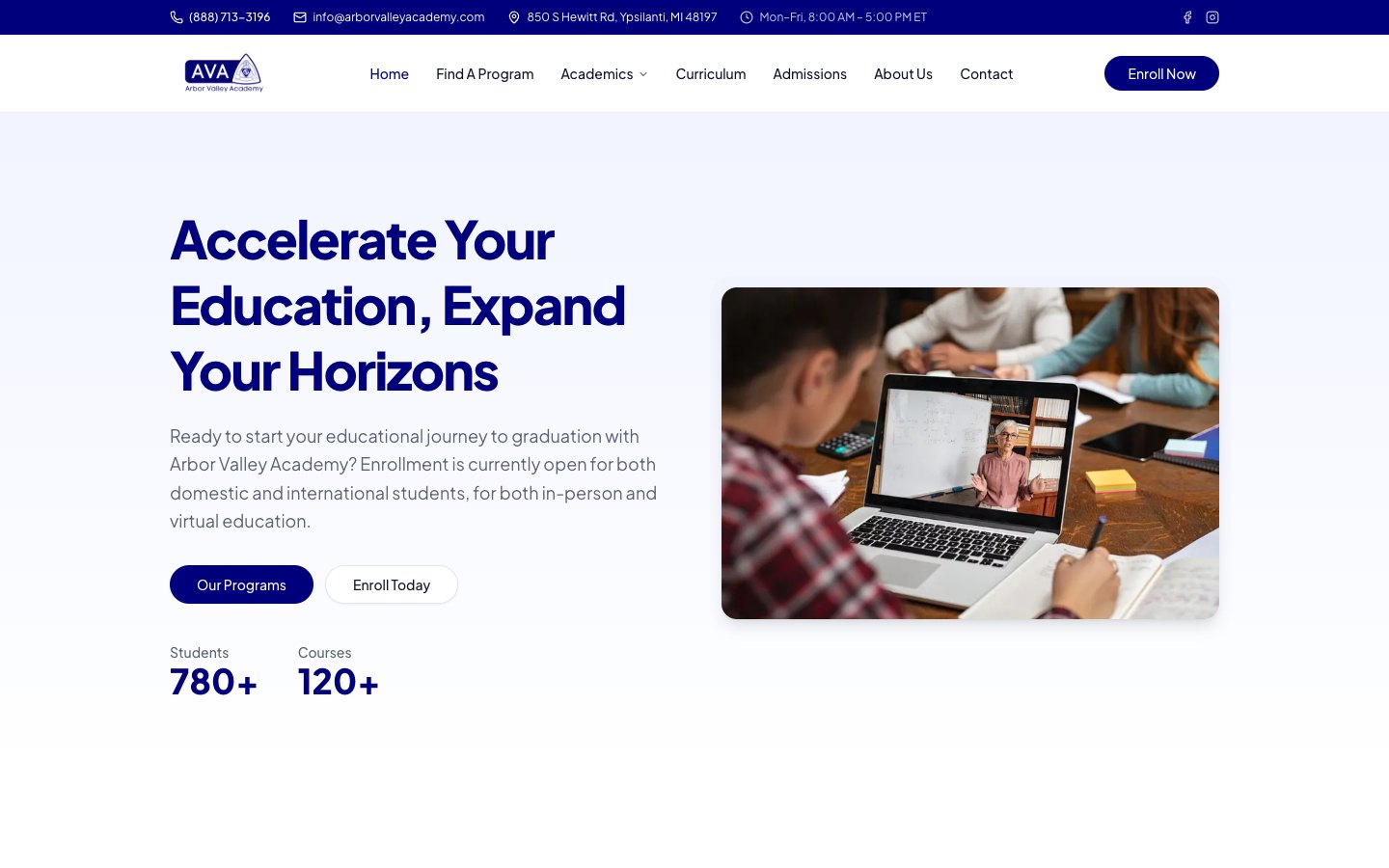 Arbor Valley Academy desktop website preview