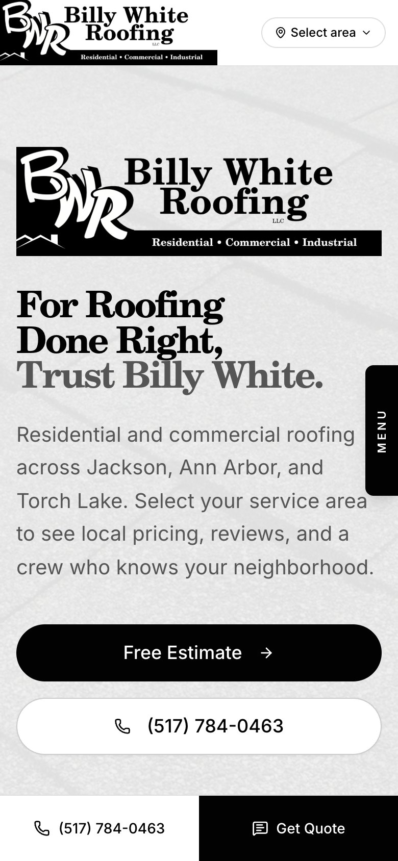 Billy White Roofing mobile website preview