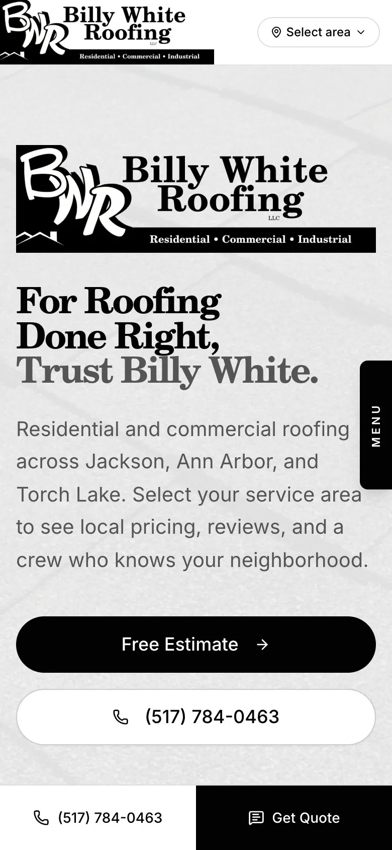 Billy White Roofing mobile website preview